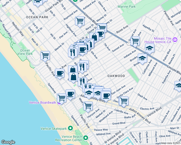 map of restaurants, bars, coffee shops, grocery stores, and more near Vernon Ave & 5th Ave in Los Angeles