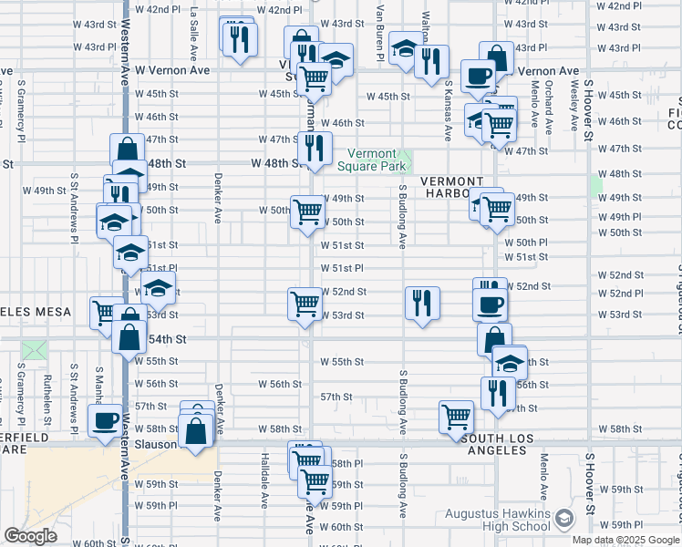 map of restaurants, bars, coffee shops, grocery stores, and more near 1320 West 51st Place in Los Angeles