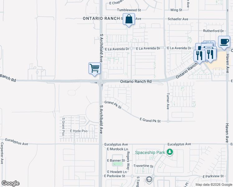 map of restaurants, bars, coffee shops, grocery stores, and more near 4256 South Palou Paseo in Ontario