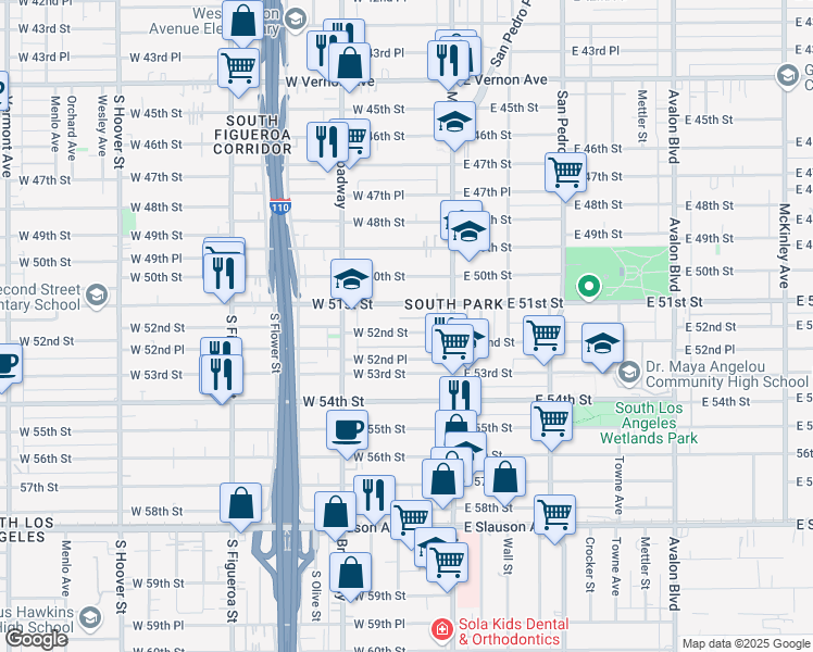 map of restaurants, bars, coffee shops, grocery stores, and more near 151 West 52nd Street in Los Angeles