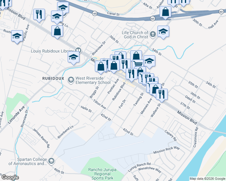 map of restaurants, bars, coffee shops, grocery stores, and more near 3931 Pontiac Avenue in Riverside