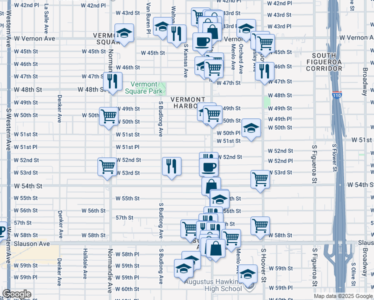 map of restaurants, bars, coffee shops, grocery stores, and more near 1060 West 51st Place in Los Angeles