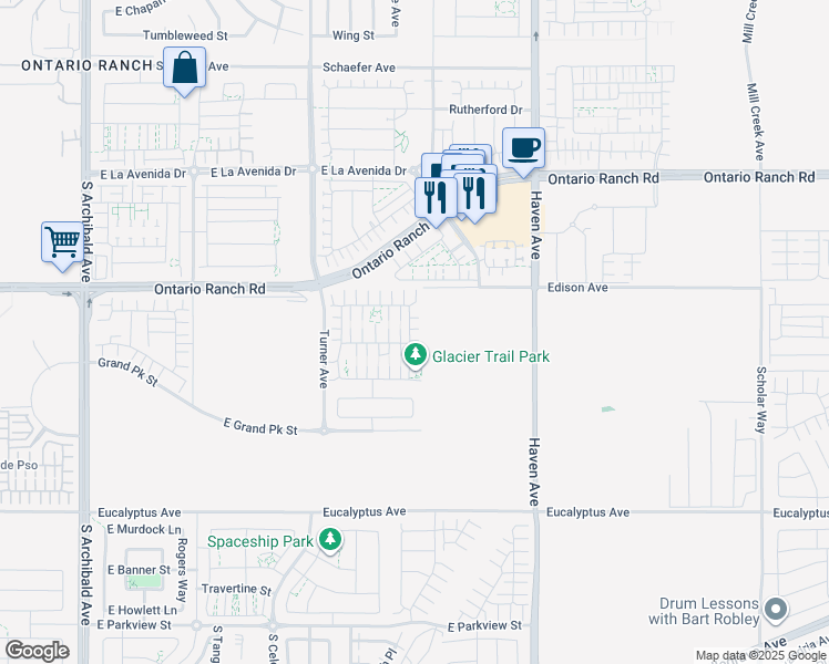 map of restaurants, bars, coffee shops, grocery stores, and more near 4273 South Glacier Trail in Ontario