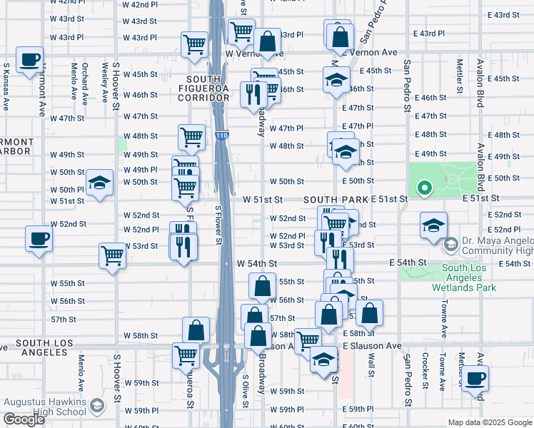 map of restaurants, bars, coffee shops, grocery stores, and more near 5138 South Broadway in Los Angeles