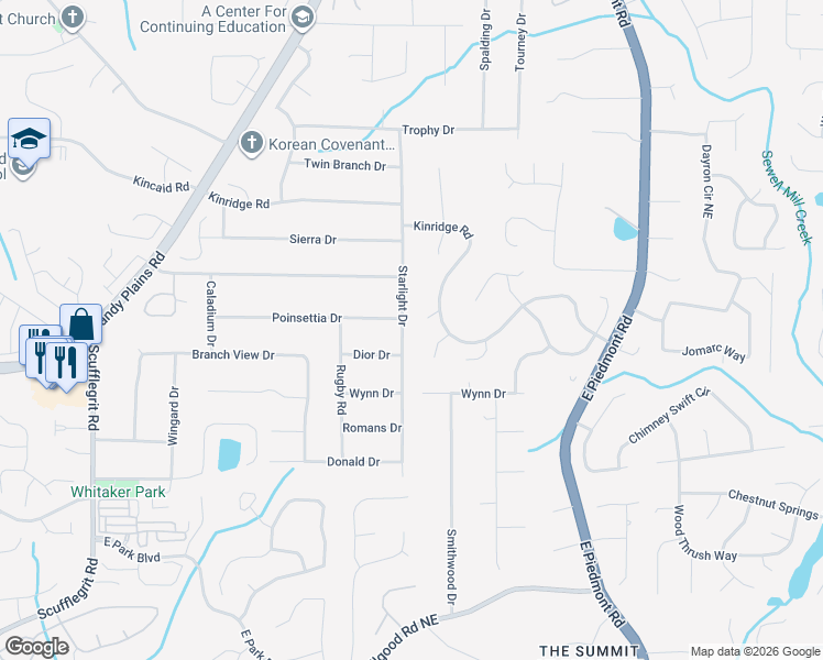 map of restaurants, bars, coffee shops, grocery stores, and more near 1854 Starlight Drive in Marietta