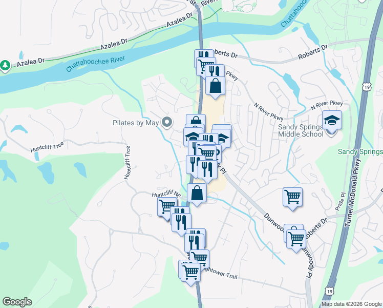 map of restaurants, bars, coffee shops, grocery stores, and more near 8750 Roswell Road in Atlanta