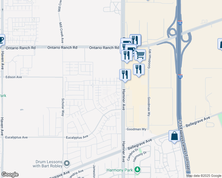 map of restaurants, bars, coffee shops, grocery stores, and more near 11111 Edison Avenue in Ontario