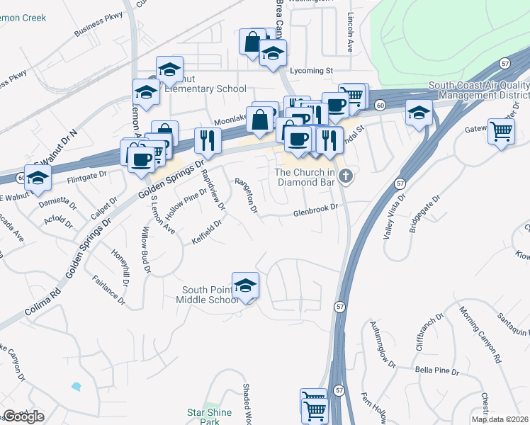 map of restaurants, bars, coffee shops, grocery stores, and more near 20909 Glenbrook Drive in Walnut