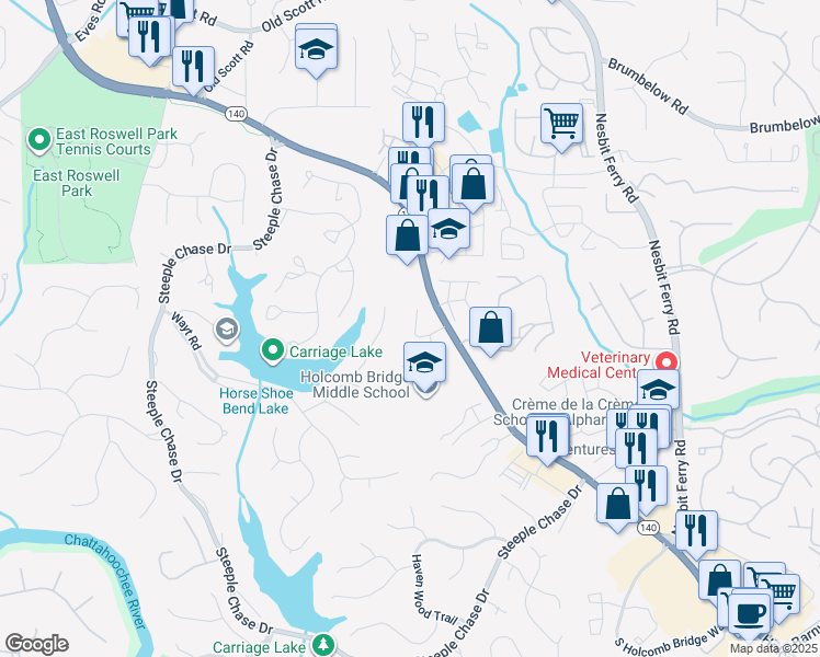 map of restaurants, bars, coffee shops, grocery stores, and more near 150 Riversong Drive in Alpharetta