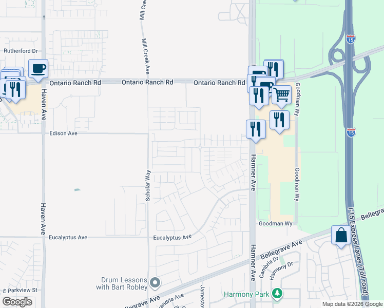 map of restaurants, bars, coffee shops, grocery stores, and more near 4264 South Hermosa Paseo in Ontario