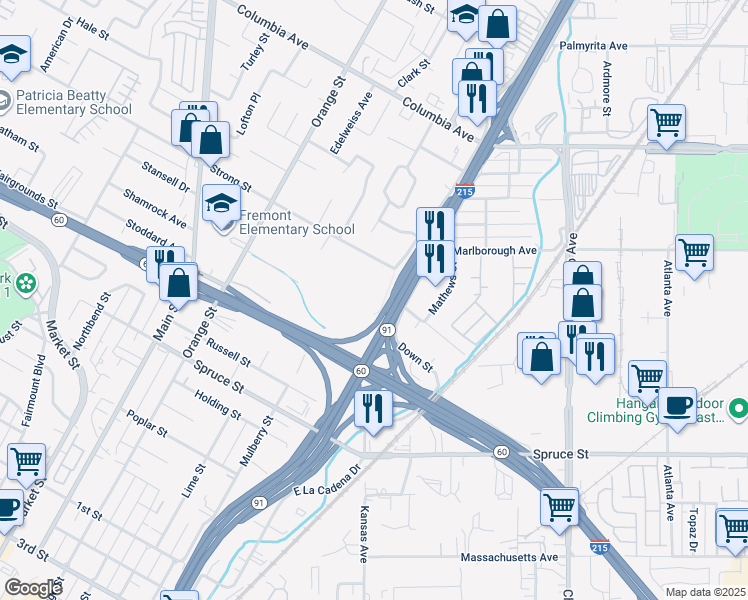 map of restaurants, bars, coffee shops, grocery stores, and more near 1769 West La Cadena Drive in Riverside