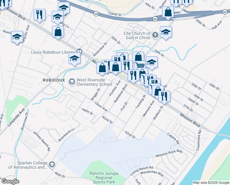 map of restaurants, bars, coffee shops, grocery stores, and more near 3931 Pontiac Avenue in Riverside