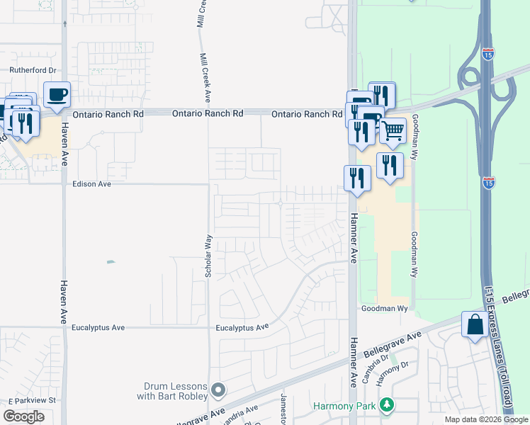 map of restaurants, bars, coffee shops, grocery stores, and more near 11071 Edison Avenue in Ontario