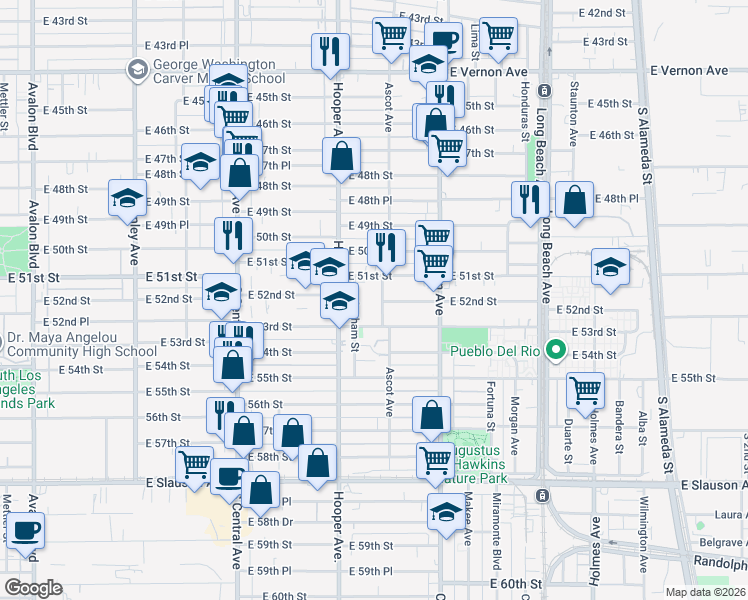 map of restaurants, bars, coffee shops, grocery stores, and more near 5120 Latham Street in Los Angeles