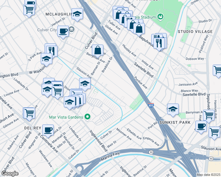 map of restaurants, bars, coffee shops, grocery stores, and more near 4800 South Slauson Avenue in Culver City