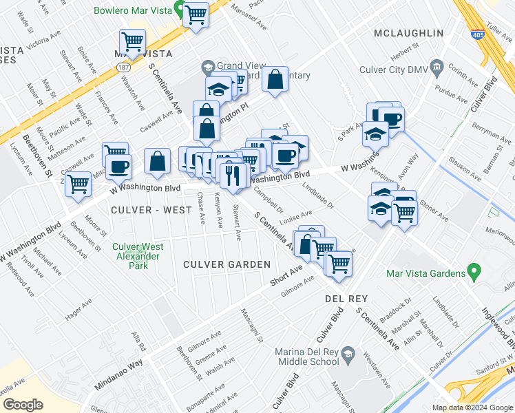 map of restaurants, bars, coffee shops, grocery stores, and more near 4224 South Centinela Avenue in Los Angeles