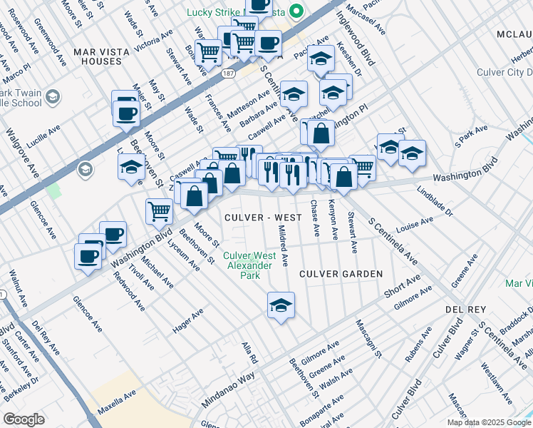 map of restaurants, bars, coffee shops, grocery stores, and more near 4129 Mildred Avenue in Los Angeles