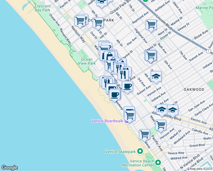 map of restaurants, bars, coffee shops, grocery stores, and more near 22 Navy Court in Los Angeles