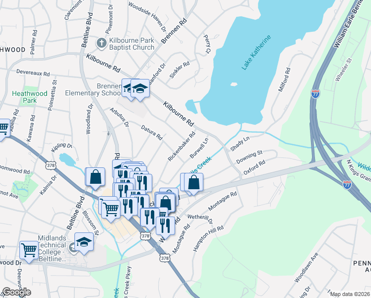 map of restaurants, bars, coffee shops, grocery stores, and more near 911 Rickenbaker Road in Columbia
