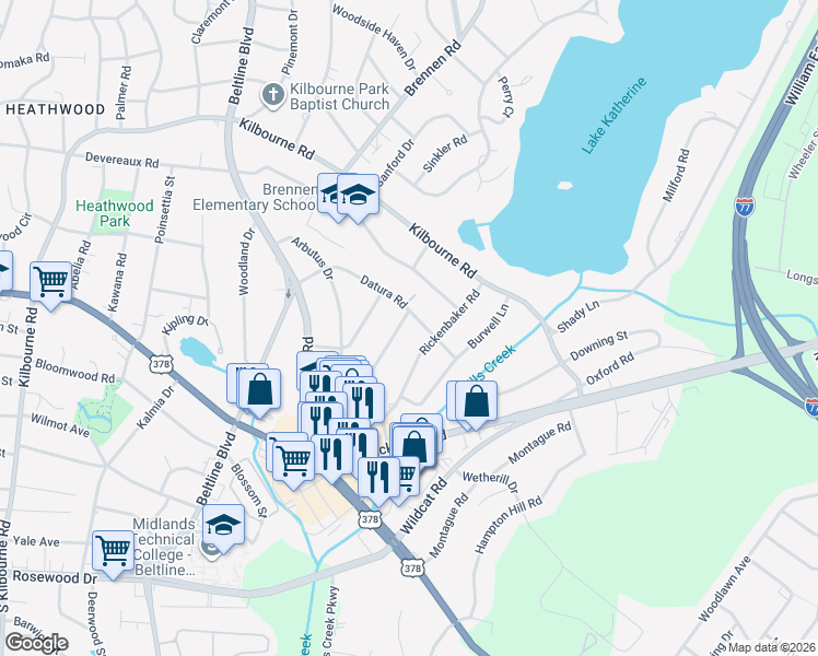map of restaurants, bars, coffee shops, grocery stores, and more near 819 Buckingham Road in Columbia