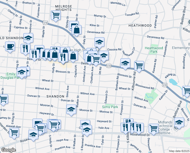 map of restaurants, bars, coffee shops, grocery stores, and more near 3306 Blossom Street in Columbia