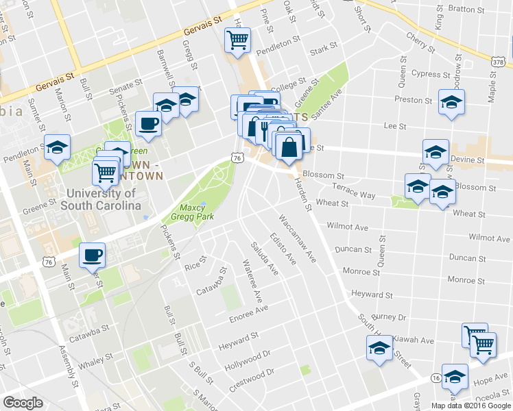 map of restaurants, bars, coffee shops, grocery stores, and more near 508 Edisto Avenue in Columbia