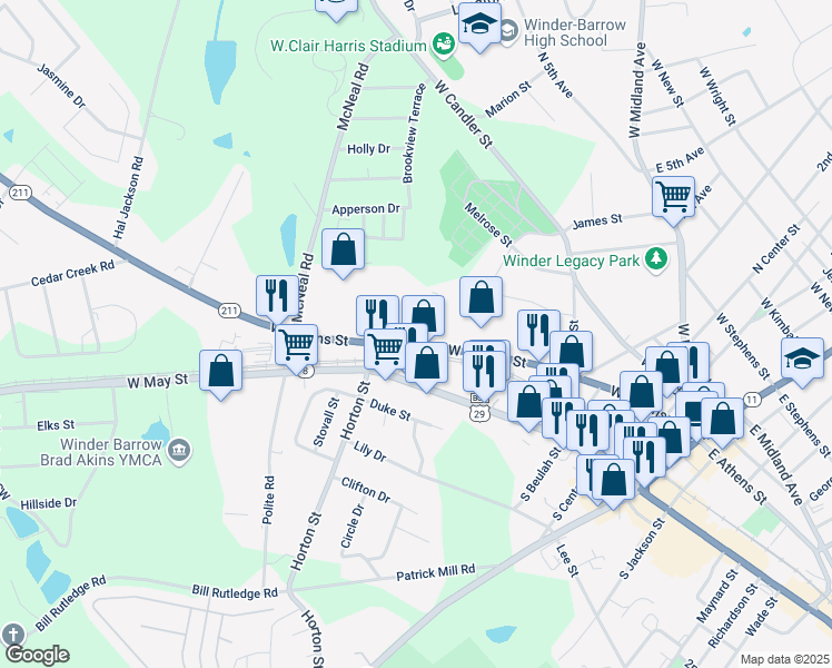 map of restaurants, bars, coffee shops, grocery stores, and more near 173 West Athens Street in Winder