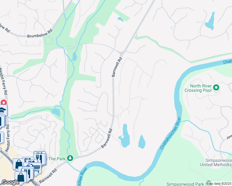 map of restaurants, bars, coffee shops, grocery stores, and more near 3390 River Ferry Drive in Alpharetta