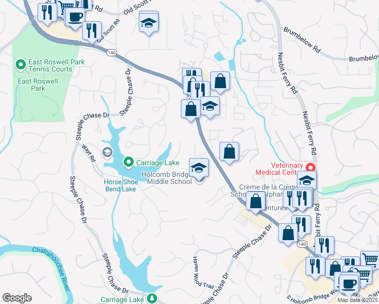 map of restaurants, bars, coffee shops, grocery stores, and more near 150 Riversong Drive in Alpharetta
