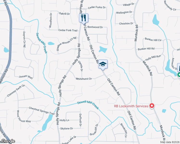 map of restaurants, bars, coffee shops, grocery stores, and more near 1915 Brownridge Drive in Marietta