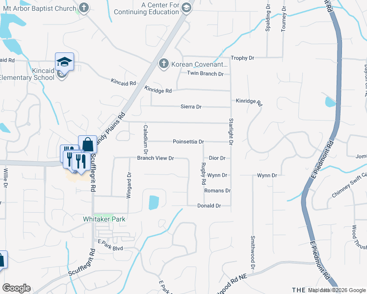 map of restaurants, bars, coffee shops, grocery stores, and more near 1784 Poinsettia Drive in Marietta