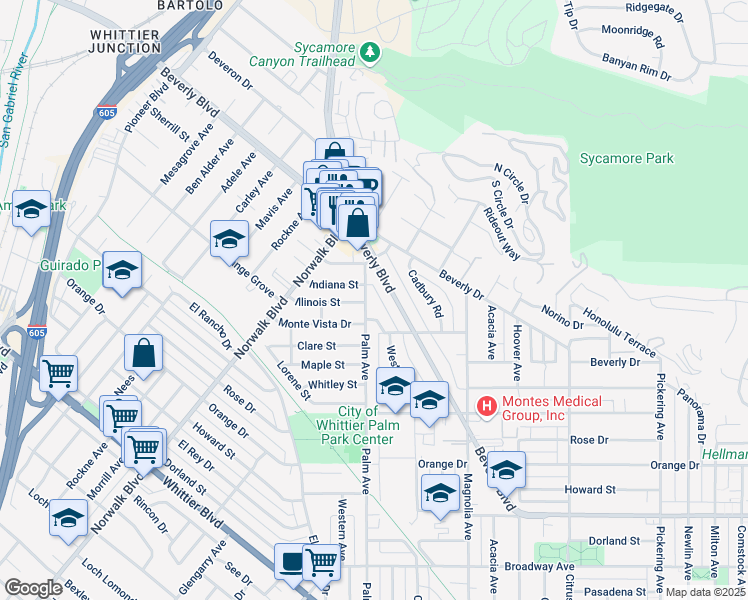 map of restaurants, bars, coffee shops, grocery stores, and more near 5516 Palm Avenue in Whittier