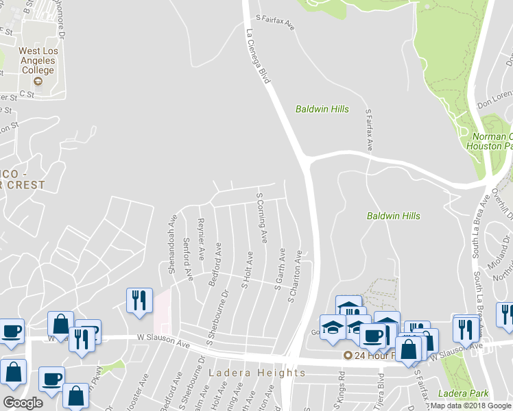 map of restaurants, bars, coffee shops, grocery stores, and more near 5101 South Corning Avenue in Los Angeles