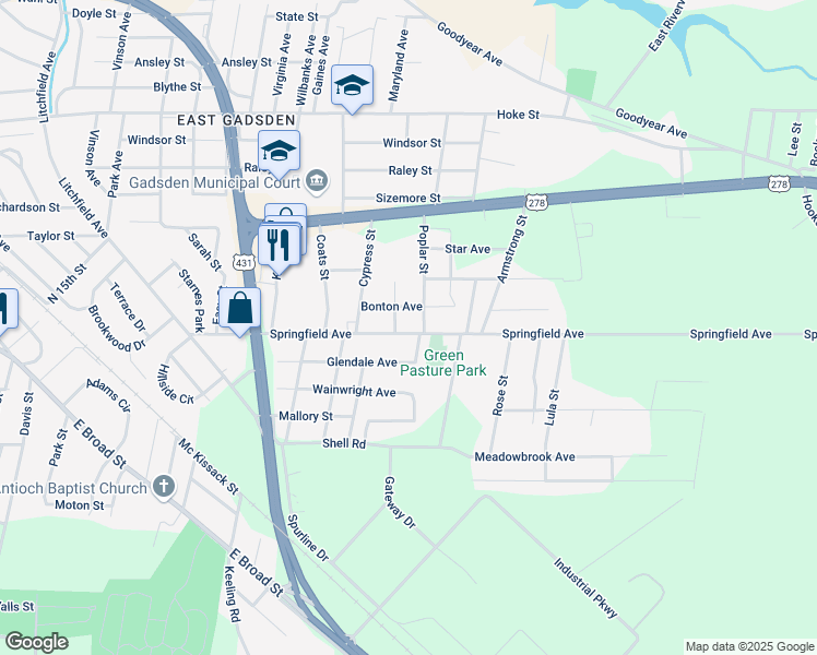 map of restaurants, bars, coffee shops, grocery stores, and more near 1122 Springfield Avenue in Gadsden