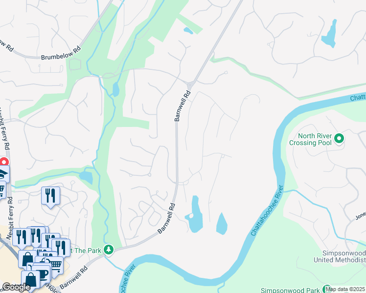 map of restaurants, bars, coffee shops, grocery stores, and more near 3390 River Ferry Drive in Alpharetta