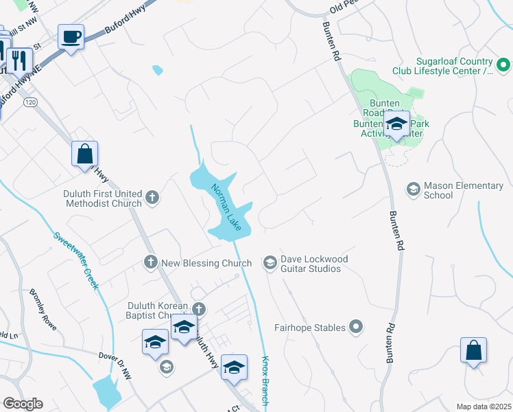 map of restaurants, bars, coffee shops, grocery stores, and more near 3093 Brookshire Way in Duluth