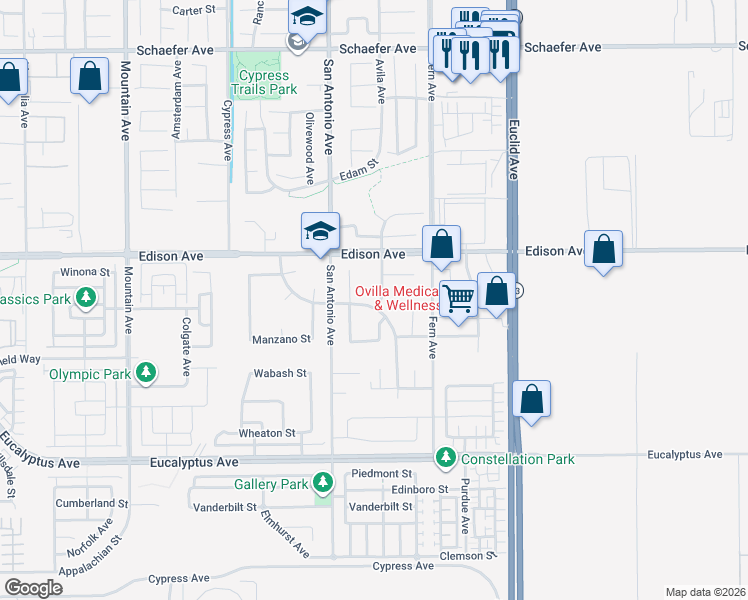 map of restaurants, bars, coffee shops, grocery stores, and more near 14182 Whitebark Avenue in Chino