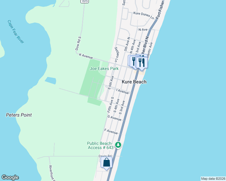 map of restaurants, bars, coffee shops, grocery stores, and more near 501 I Avenue in Kure Beach