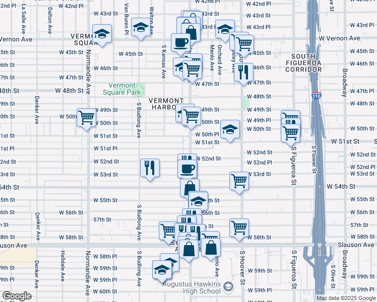 map of restaurants, bars, coffee shops, grocery stores, and more near 5153 South Vermont Avenue in Los Angeles
