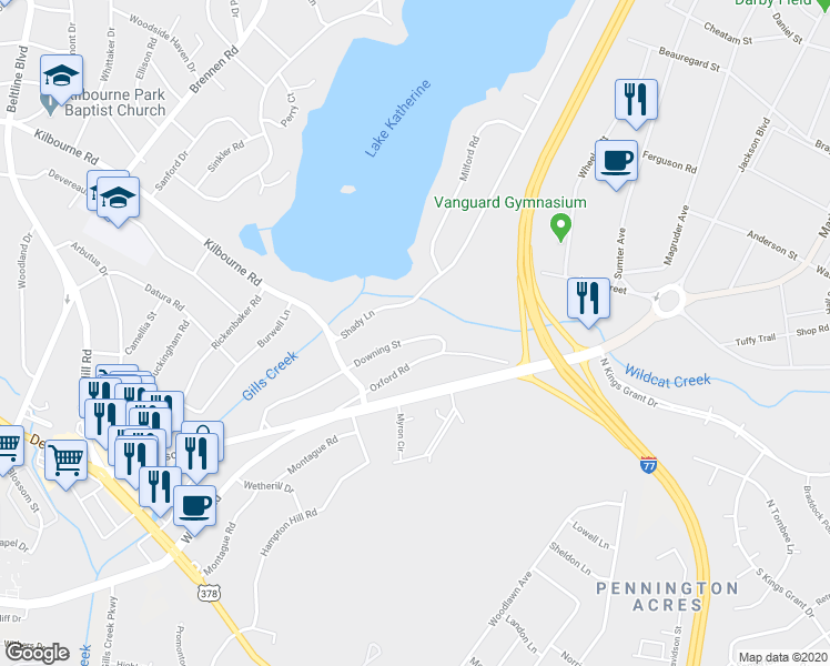 map of restaurants, bars, coffee shops, grocery stores, and more near 91 Downing Street in Columbia