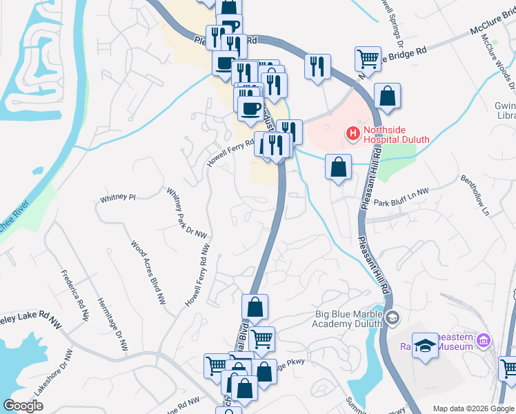 map of restaurants, bars, coffee shops, grocery stores, and more near 2806 Howell Boulevard in Duluth
