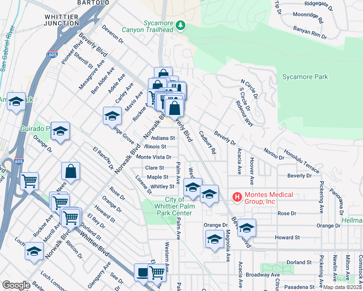 map of restaurants, bars, coffee shops, grocery stores, and more near 5516 Palm Avenue in Whittier