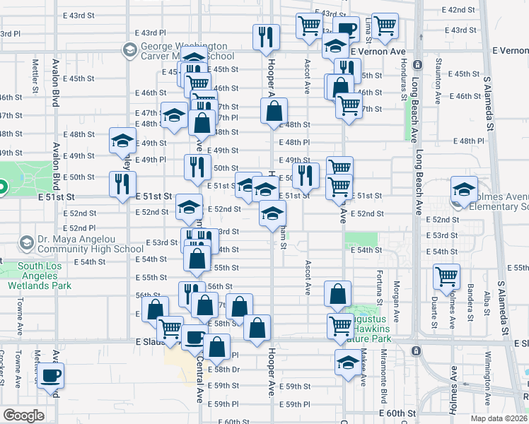 map of restaurants, bars, coffee shops, grocery stores, and more near 1280 East 52nd Street in Los Angeles