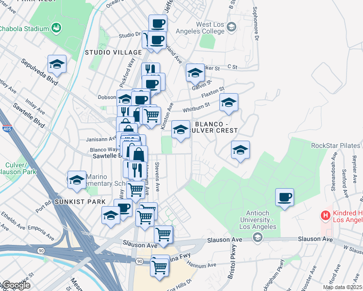 map of restaurants, bars, coffee shops, grocery stores, and more near 11177 Overland Avenue in Culver City