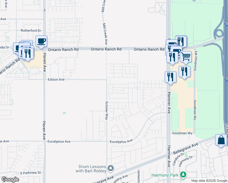 map of restaurants, bars, coffee shops, grocery stores, and more near 3957 East Huntington Street in Ontario