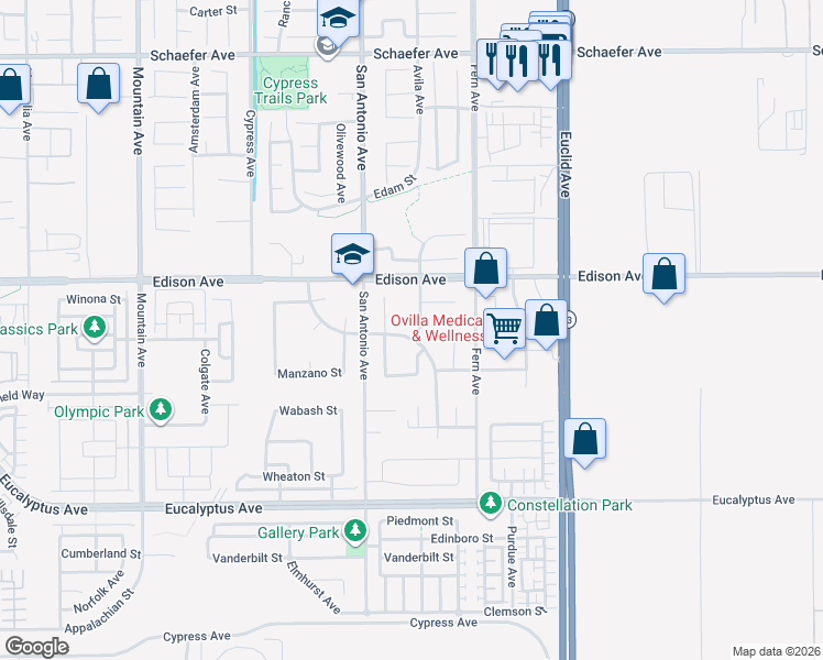 map of restaurants, bars, coffee shops, grocery stores, and more near 14182 Whitebark Avenue in Chino