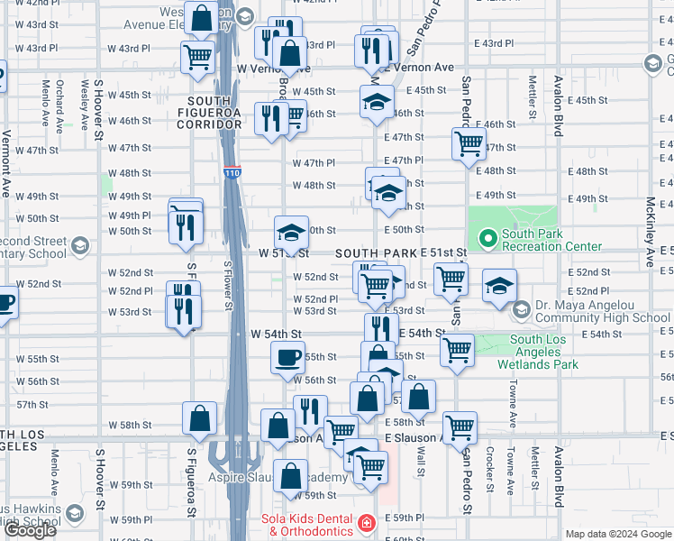 map of restaurants, bars, coffee shops, grocery stores, and more near 151 West 52nd Street in Los Angeles