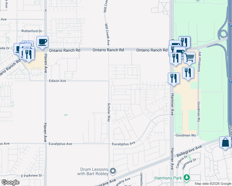 map of restaurants, bars, coffee shops, grocery stores, and more near 3957 East Huntington Street in Ontario