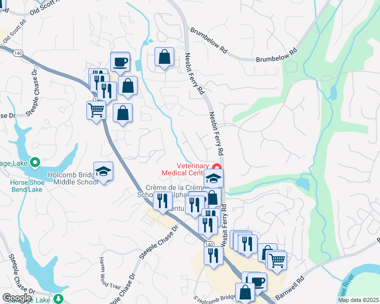 map of restaurants, bars, coffee shops, grocery stores, and more near 2845 Shurburne Drive in Alpharetta