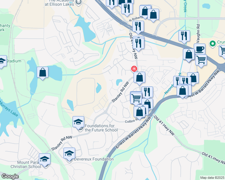 map of restaurants, bars, coffee shops, grocery stores, and more near 1891 Stancrest Trc Northwest in Kennesaw